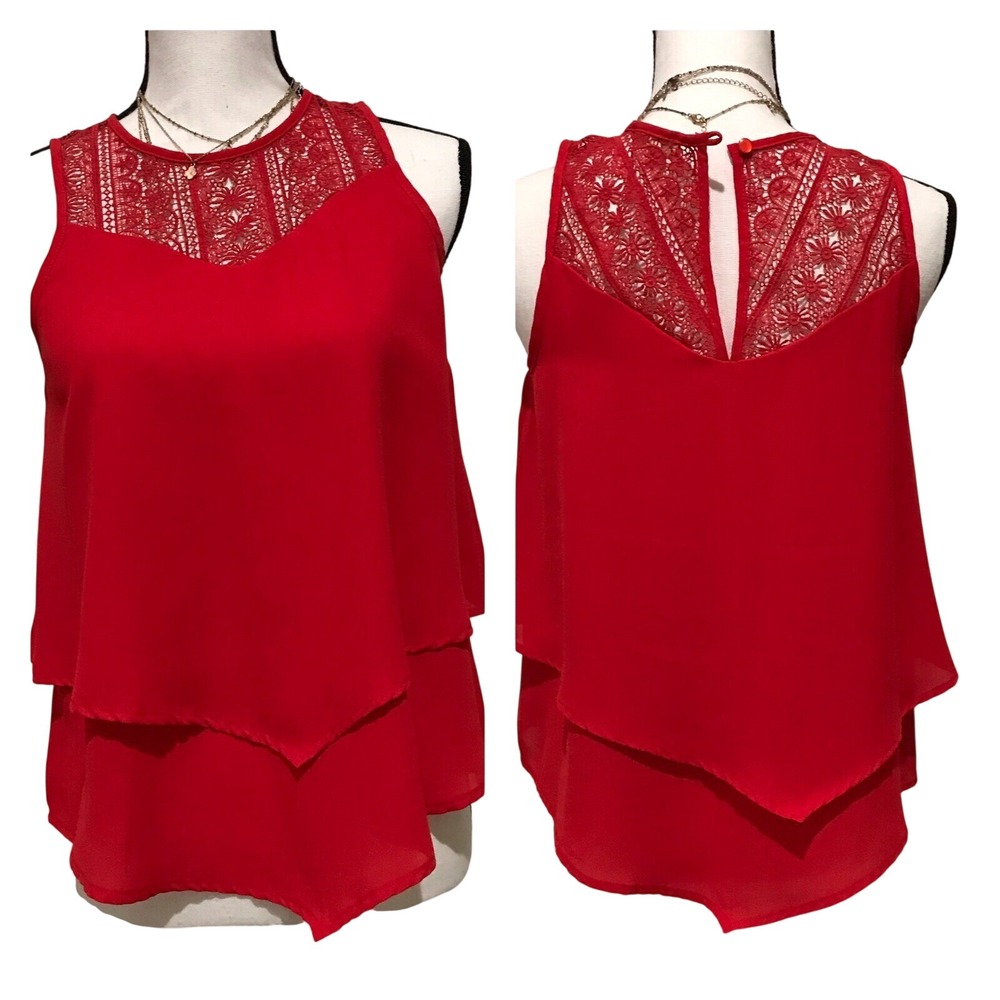 MONTEAU Women's Red Sleeveless Crochet Trim Layered Keyhole Back Top Size M